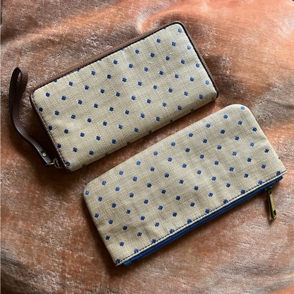 Fossil Handbags - 💙 Fossil Felicity Blue Dot Jori Zip Clutch Wallet & Pouch - Tan & Brown & Blue